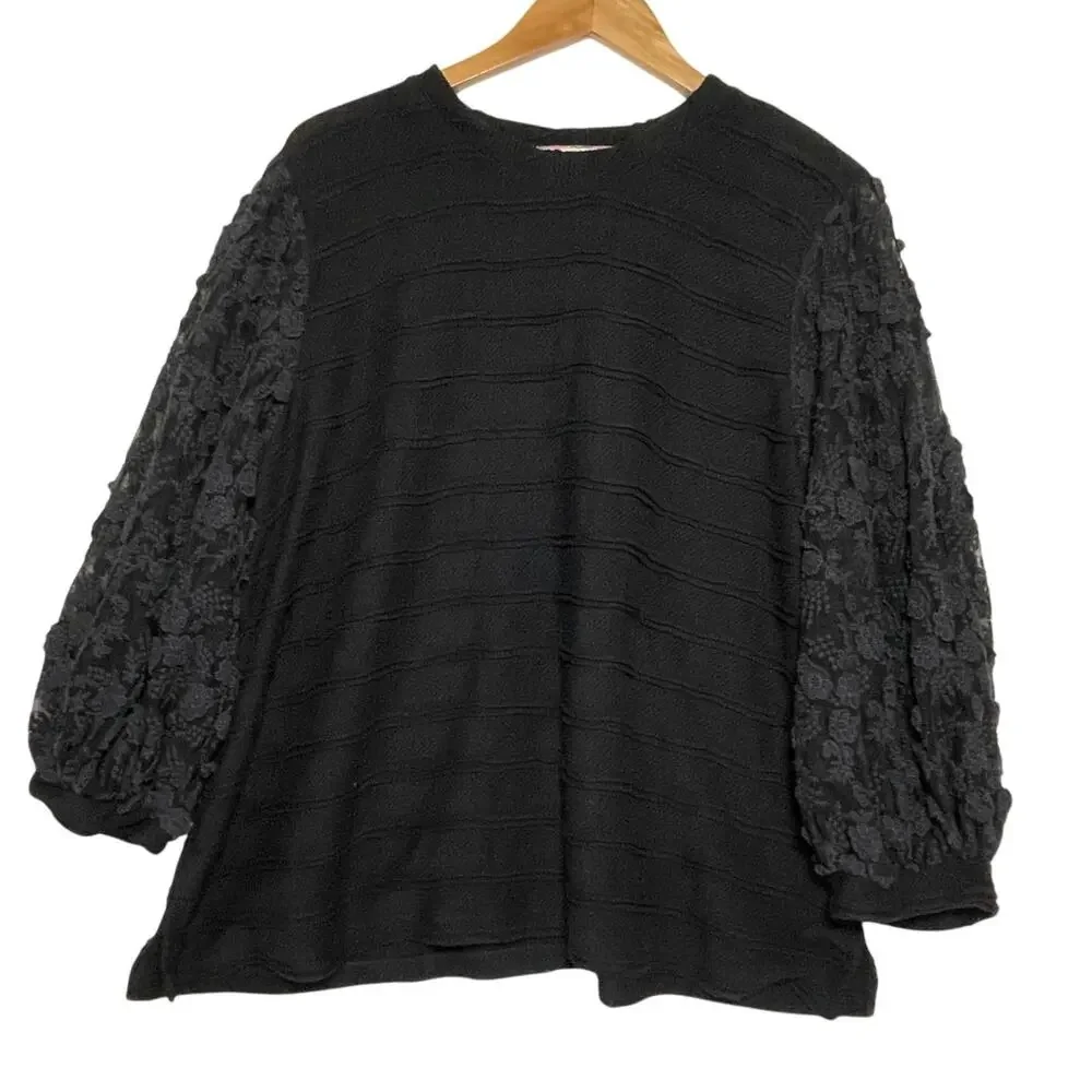 ANTHROPOLOGIE ERI + ALI Women’s Boho Black Mixed Media Puff Sleeve Top - Picture 2 of 4